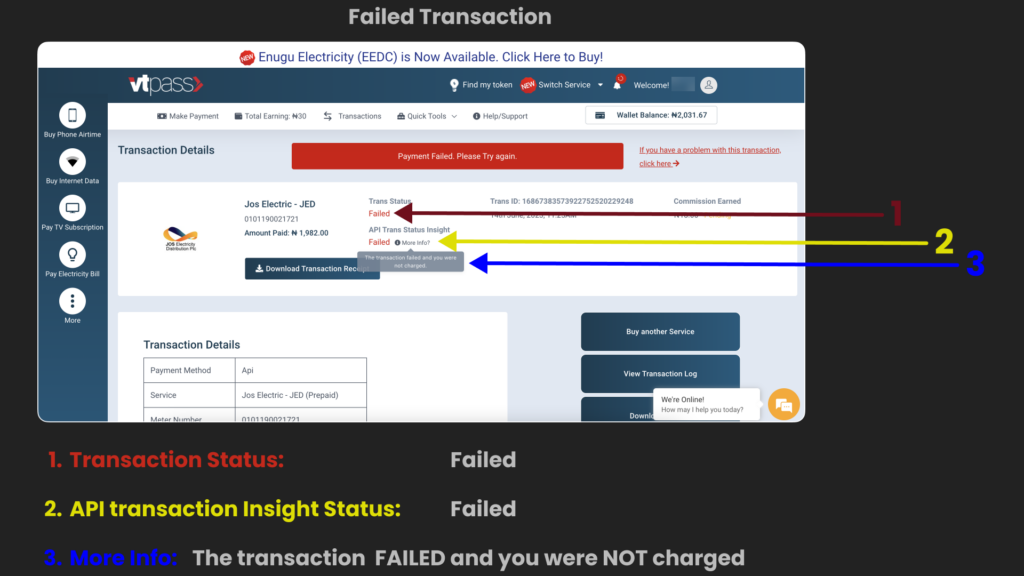 transaction failed view on the transactions view page. 