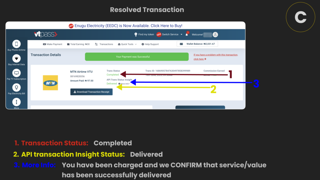 transaction resolved view on the transactions view page. 